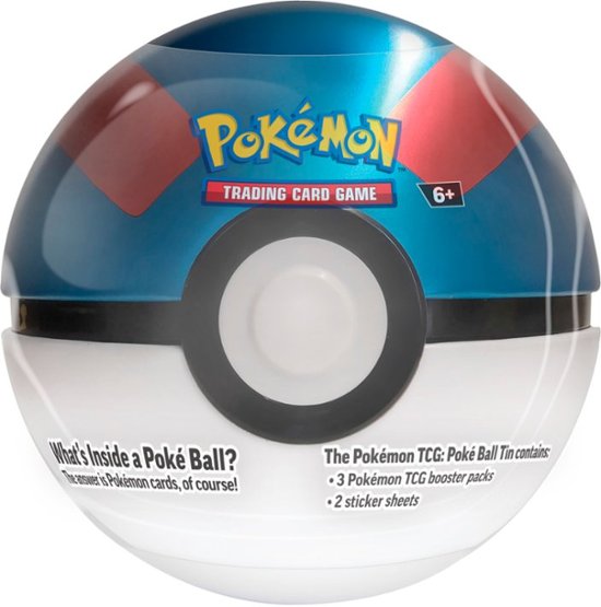 Pokemon 2024 Poke Ball Tin - Great Ball - Round metal tin shaped and colored like a blue and black Great Ball from Pokémon with logo and text on top.