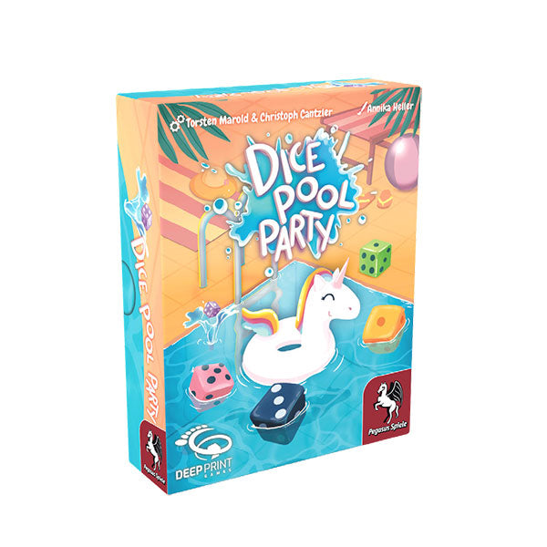 Dice Pool Party - Colorful game box with playful dice and a white unicorn pool float illustration on a bright orange and blue background.