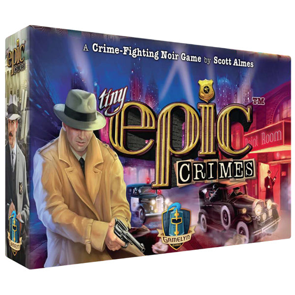 Tiny Epic Crimes (PREORDER) - Box cover of Tiny Epic Crimes board game featuring a detective in a brown trench coat and fedora holding a gun, vintage.