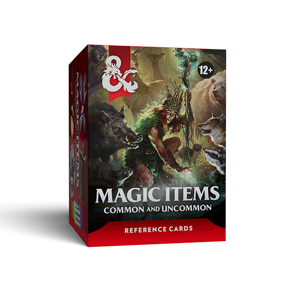 D&D 5e Reference Cards - Magic Items Common and Uncommon (PREORDER) - Box of D&D 5e Magic Items reference cards with fantasy artwork featuring a forest scene and characters, predominantly dark.