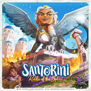 Santorini: Riddle of the Sphinx - Colorful board game box featuring a winged sphinx character perched on ruins with a sunset-lit cityscape in the background.