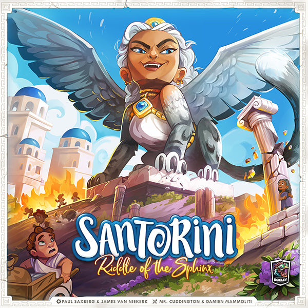 Santorini: Riddle of the Sphinx - Colorful board game box featuring a winged sphinx character perched on ruins with a sunset-lit cityscape in the background.