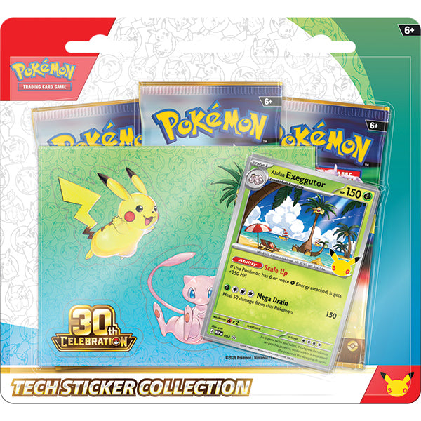 Pokémon TCG: 30th Celebration - Tech Sticker Collection - Exeggutor (PREORDER) - Pokémon TCG 30th Celebration Tech Sticker Collection pack featuring Pikachu and Mew stickers with Exeggutor card on green.
