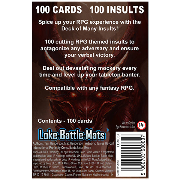 Deck of Many Insults - Deck of Many Insults card set packaging in black and white with bold text highlighting 100 RPG-themed insult cards for.