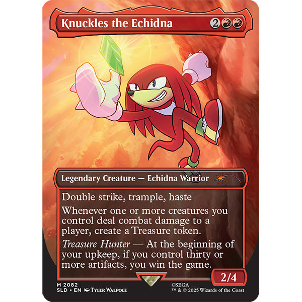 MTG: Secret Lair X Sonic- Friends and Foes, Nonfoil - Magic The Gathering card featuring Knuckles the Echidna, red border, animated warrior creature, vibrant orange and red.