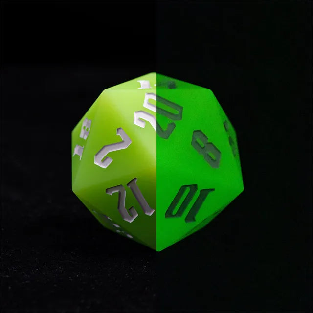 Giant Bouncy D20 - Glow In The Dark Green - Giant translucent green 20-sided die with white numbers, designed to glow in the dark.