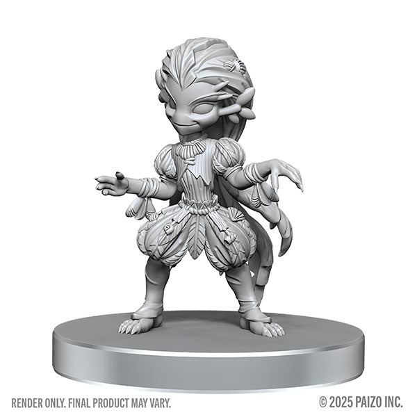 Pathfinder Battles Deep Cuts Miniatures: Fungus Leshy and Seaweed Leshy (PREORDER) - Gray unpainted miniature of a small humanoid creature with leaf-like hair, fungal growths, and textured bark-like skin on.