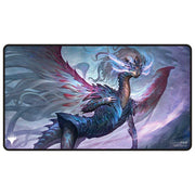 MTG Playmat - Tarkir: Dragonstorm - Shiko, Paragon of the Way - Black Stitched - Gaming playmat featuring a mystical armored dragon creature with glowing white eyes and vibrant blue and purple hues, black.
