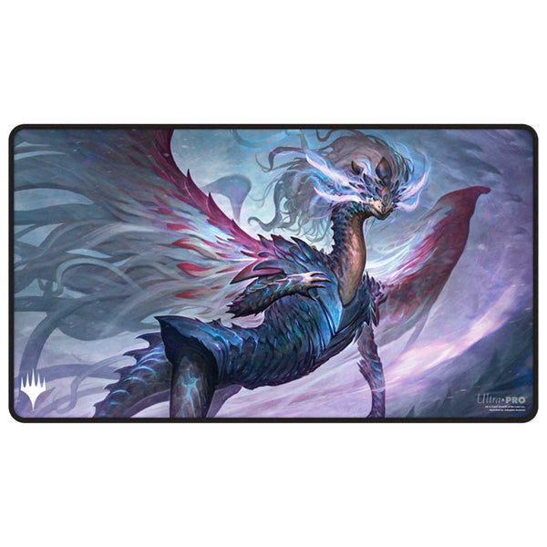 MTG Playmat - Tarkir: Dragonstorm - Shiko, Paragon of the Way - Black Stitched - Gaming playmat featuring a mystical armored dragon creature with glowing white eyes and vibrant blue and purple hues, black.