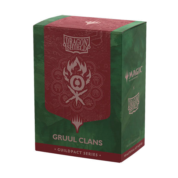 Dragon Shield Dual Sleeves 100ct Box - MTG Guildpact Series - Grull Clans (PREORDER) - Green and red rectangular box with Dragon Shield logo, flame emblem, and "Gruul Clans" text.