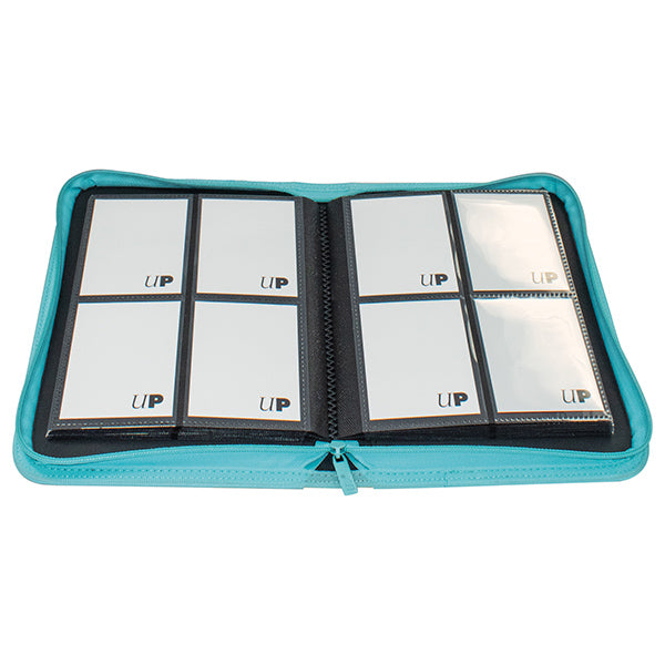 Ultra Pro 4-Pocket Zippered Binder: Vivid - Light Blue (PREORDER) - Light blue zippered binder open to reveal eight clear plastic card sleeves, each holding one card, with black trim around.