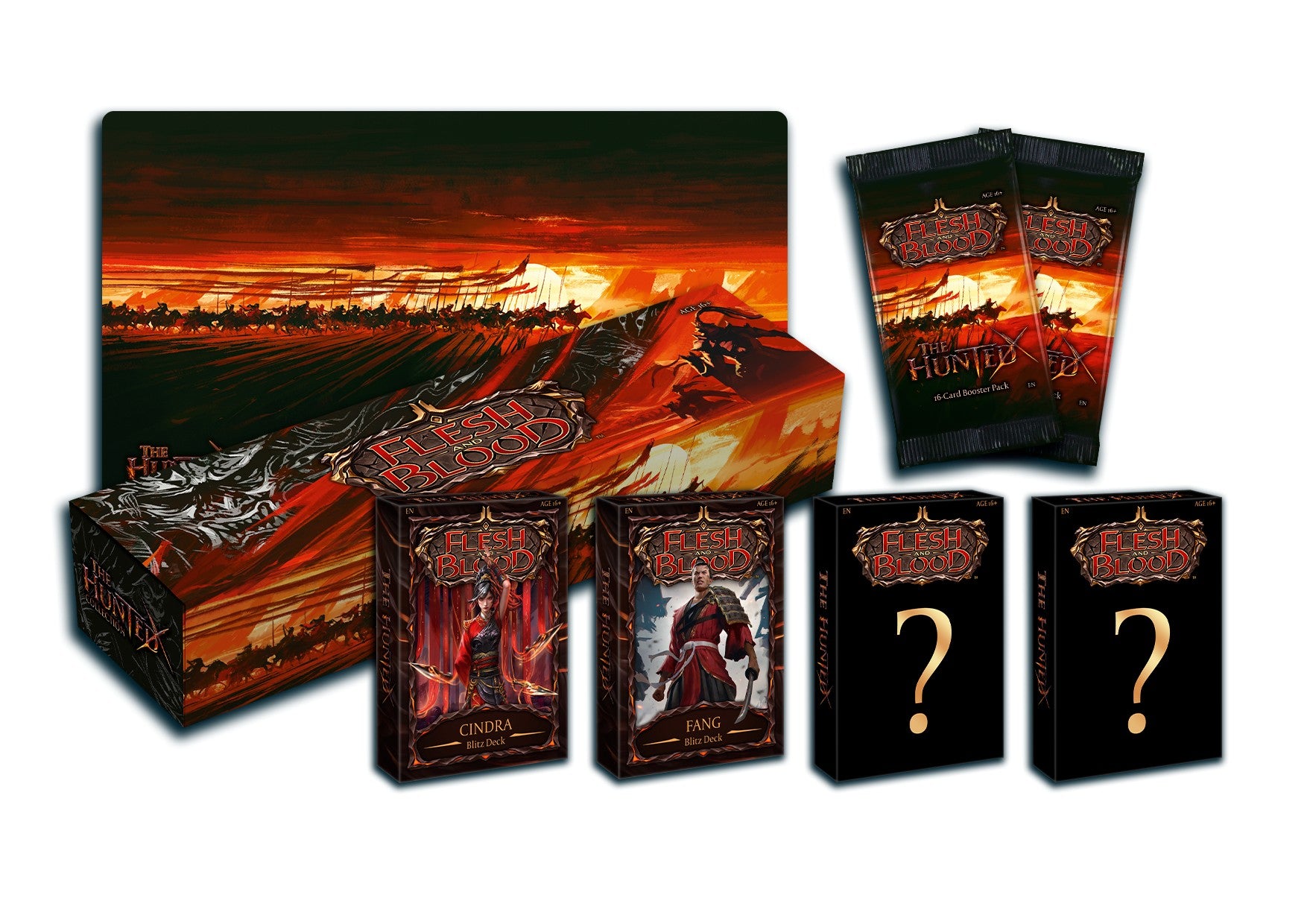 Flesh and Blood: The Hunted Blitz Collection - Flesh and Blood The Hunted Blitz Collection box with fiery orange-red landscape art, three card packs with dark fantasy.