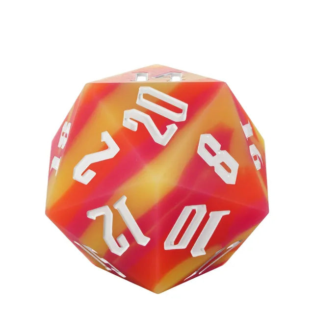 Giant Bouncy D20 - Color Change Orange Stripes - Large 20-sided dice with swirled orange and yellow stripes and white numbered faces.