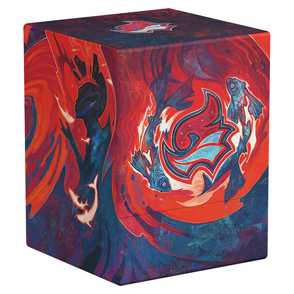 Ultimate Guard Boulder 100+: Secrets of Strixhaven - Prismari (PREORDER) - Rectangular deck box with swirling red, blue, and orange fiery design featuring abstract shapes and small fish motifs, matte