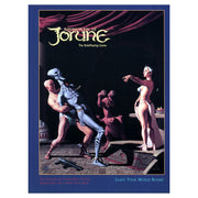 Jorune: Skyrealms of Jorune RPG 3rd Edition - Jorune RPG book cover featuring three stylized dancing humanoid figures under red drapes on a dark background with yellow.