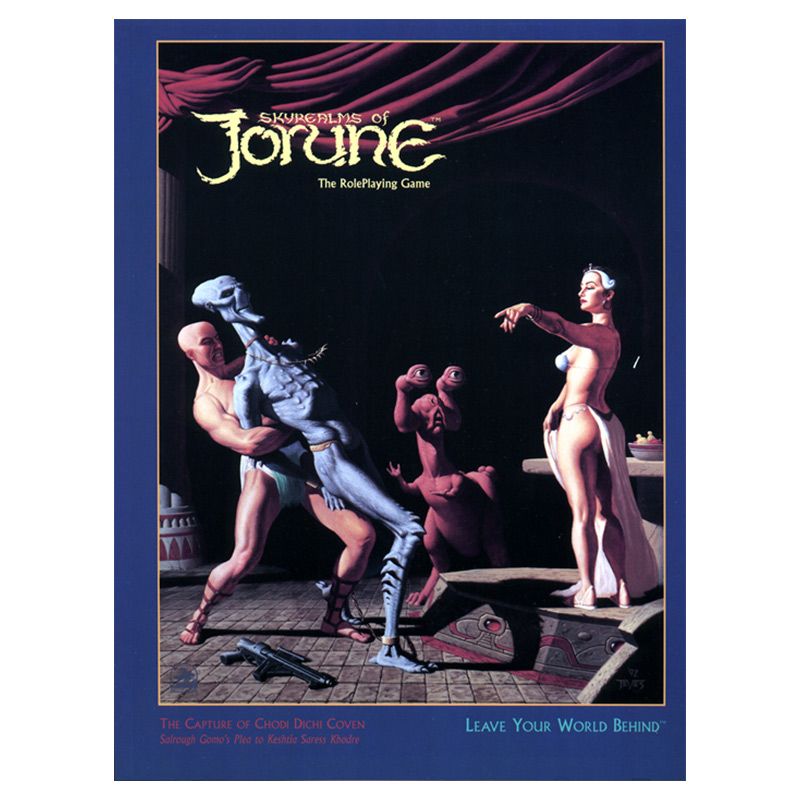 Jorune: Skyrealms of Jorune RPG 3rd Edition - Jorune RPG book cover featuring three stylized dancing humanoid figures under red drapes on a dark background with yellow.