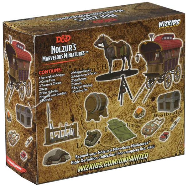 D&D Nolzur's Marvelous Miniatures: Adventurer's Campsite - Boxed set of unpainted plastic miniatures featuring a horse, covered wagon, campfire gear, and crates for Dungeons & Dragons