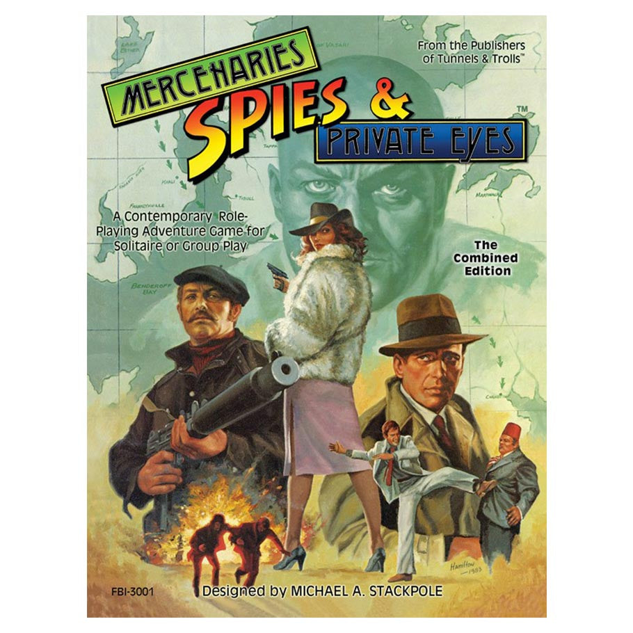 Mercenaries, Spies & Private Eyes RPG: The Combined Edition - Book cover for Mercenaries, Spies & Private Eyes RPG showing illustrated characters including a man with a rifle, a woman in