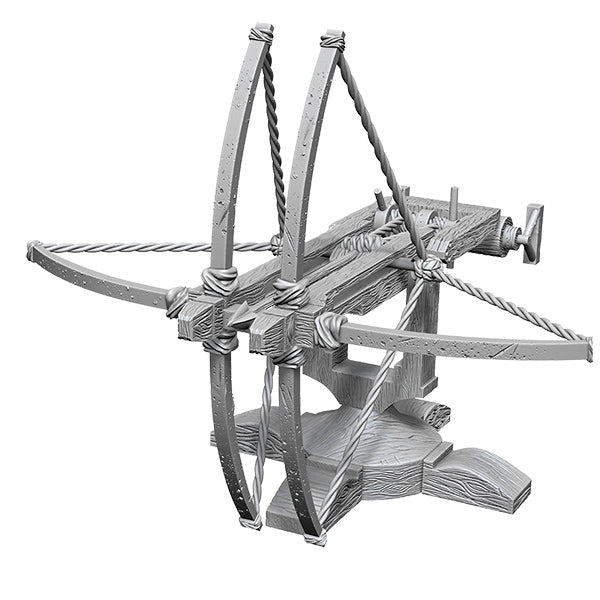 WizKids Deep Cuts Miniatures: Ballista - Gray plastic miniature ballista with detailed crossbow arms, twisted bowstring, and wooden base texture.