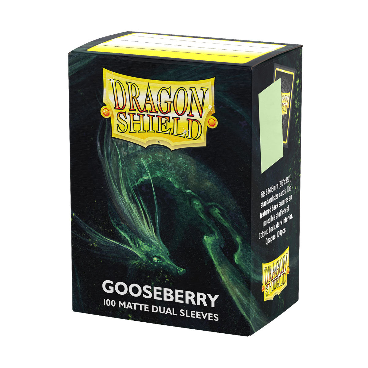 Dragon Shield Dual Sleeves 100ct Box - Matte Gooseberry - Black box packaging with green dragon artwork, labeled Dragon Shield Gooseberry 100 matte dual card sleeves.