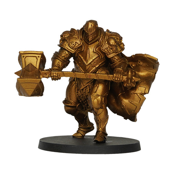 Vallejo True Metallic Metal Airbrush: Arcane Gold (18ml) - Metallic gold-painted knight figurine with detailed armor holding a large hammer and shield on a round base.