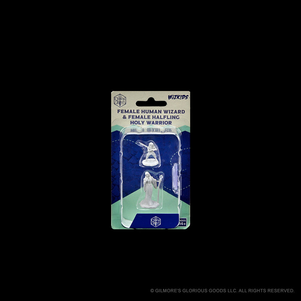 Critical Role Mini: Hum Wiz Fem & Halflin HW Fem - Critical Role miniatures featuring a female human wizard and female halfling holy warrior in fantasy armor packaging.