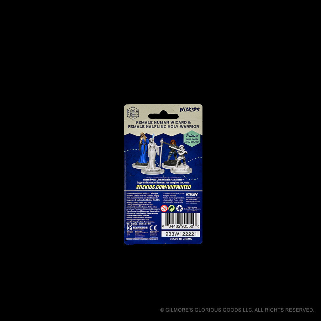 Critical Role Mini: Hum Wiz Fem & Halflin HW Fem - Critical Role miniatures packaging showing Hum Wiz Fem and Halflin HW Fem fantasy figures on blue and beige backing card.