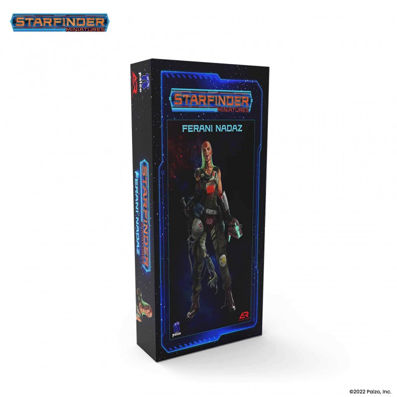 Starfinder: Ferani Nadaz - Tall rectangular box featuring futuristic character art of a humanoid alien in armor with glowing red and blue accents on a.