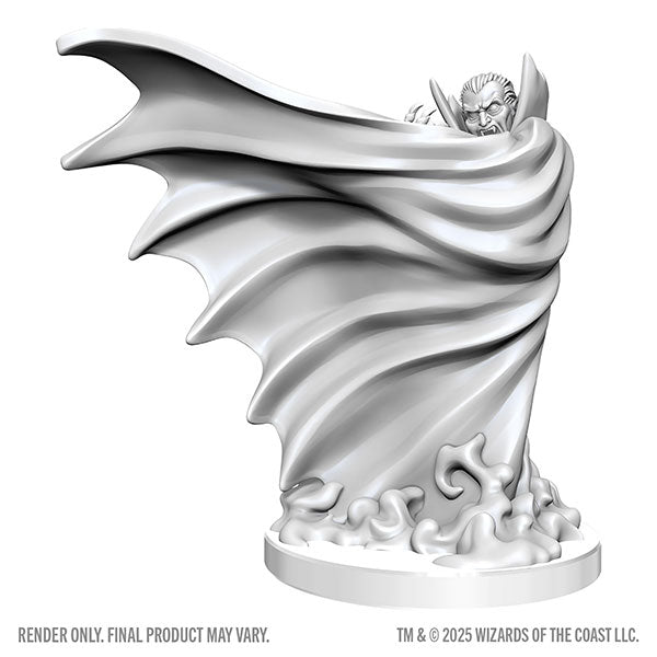 D&D Nolzur's Marvelous Miniatures: Classic Vampire & Classic Zombie (PREORDER) - Unpainted gray plastic miniature of a vampire with flowing cape swirling around its body, standing on a detailed base with.