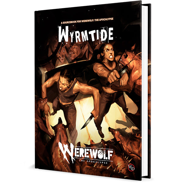 Werewolf: The Apocalypse 5th Edition: Wyrmtide Sourcebook - Dark fantasy book cover showing two muscular werewolves in aggressive poses wielding weapons, with a fiery background and.