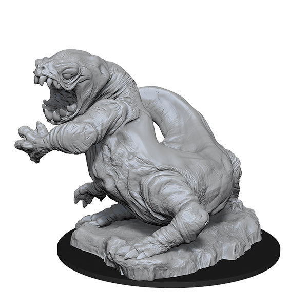 D&D Nolzur's Marvelous Miniatures: Frost Salamander - Gray plastic miniature of a large, muscular salamander with bumpy skin and open mouth on a round black base.