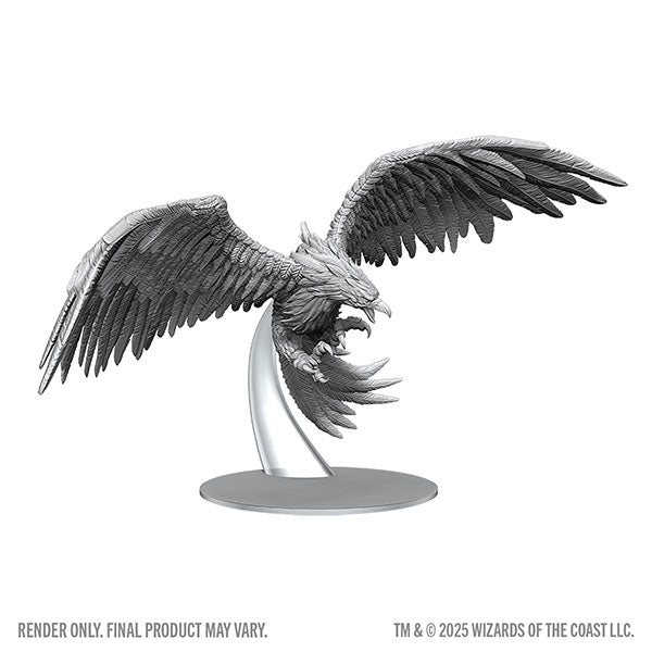 D&D Nolzur's Marvelous Miniatures: Roc - Gray plastic miniature of a large bird with outstretched wings perched on a curved stand.