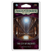 Arkham Horror LCG: The City of Archives - Arkham Horror LCG The City of Archives Mythos Pack with dark library corridor and glowing light on card sleeve.