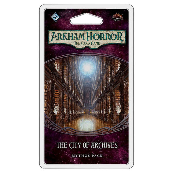 Arkham Horror LCG: The City of Archives - Arkham Horror LCG The City of Archives Mythos Pack with dark library corridor and glowing light on card sleeve.