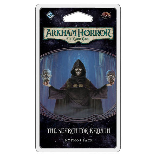 Arkham Horror LCG: The Search for Kadath - Arkham Horror LCG Mythos Pack blister with hooded figure holding skulls on dark, mysterious background.