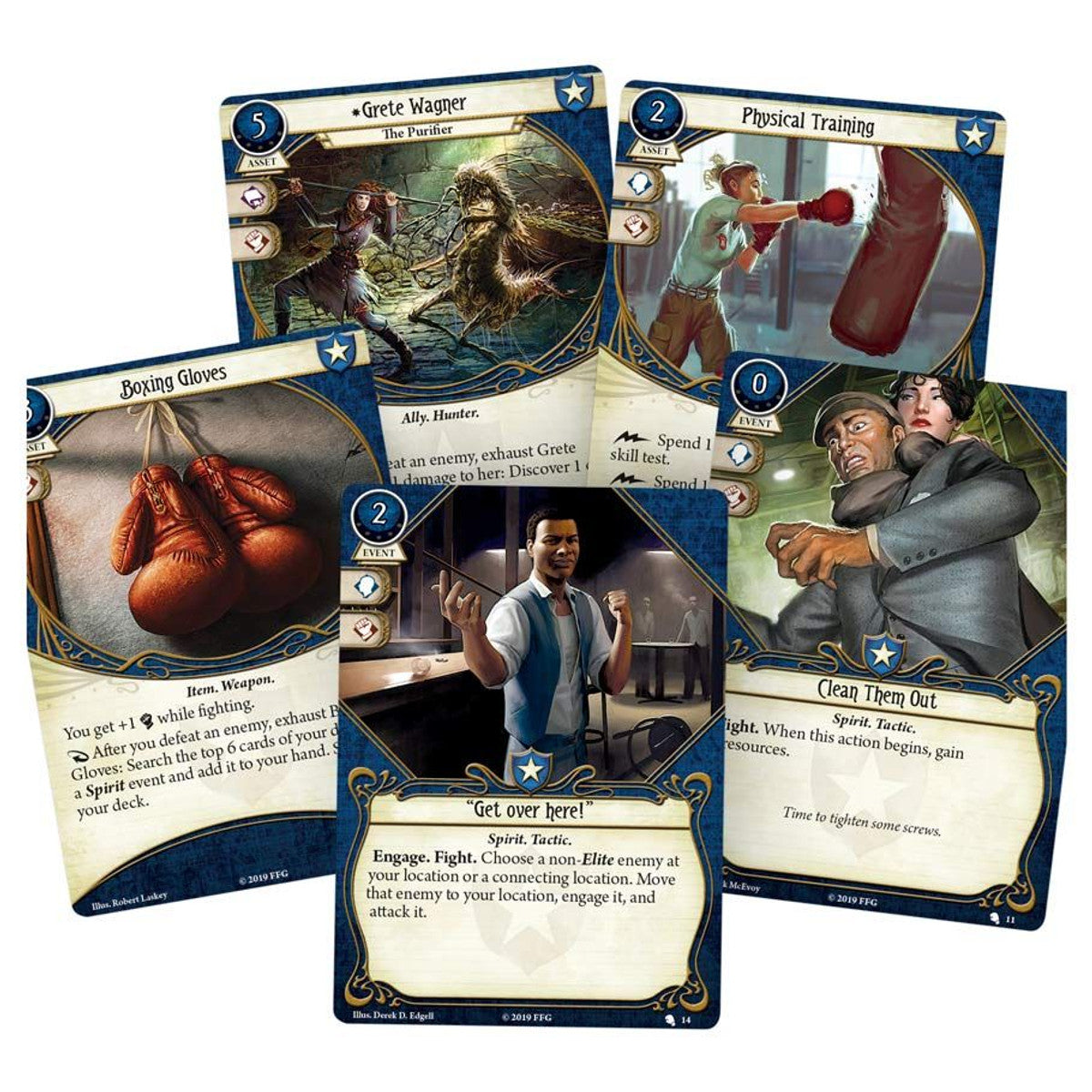 Arkham Horror LCG: Nathaniel Cho Investigator Starter Deck - Five Arkham Horror LCG cards featuring characters, boxing gloves, and action scenes with blue-bordered design and detailed.