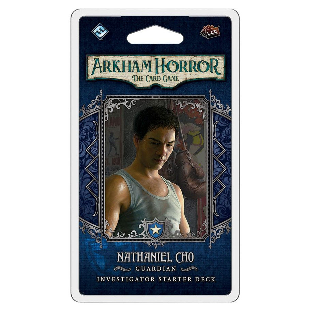 Arkham Horror LCG: Nathaniel Cho Investigator Starter Deck - Arkham Horror LCG Nathaniel Cho Guardian investigator starter deck card with dark blue decorative border and character.