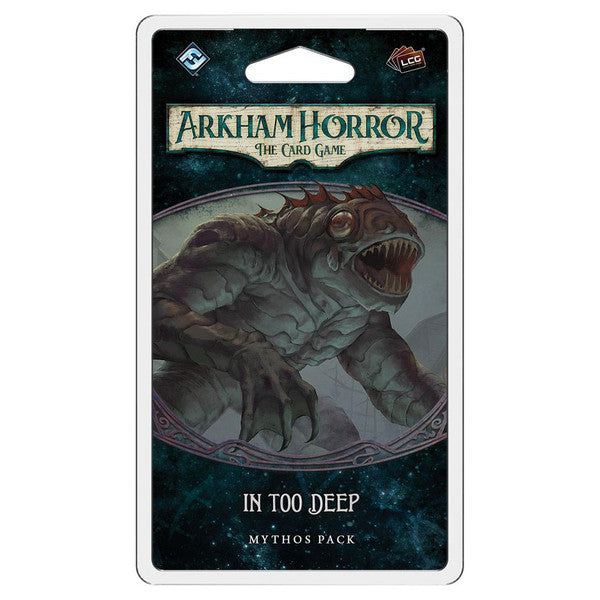 Arkham Horror LCG: In Too Deep Mythos Pack - Arkham Horror LCG card pack featuring dark sea creature artwork on a blue-green background.