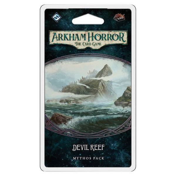 Arkham Horror LCG: Devil Reef Mythos Pack - Arkham Horror LCG Devil Reef Mythos Pack card game pack with stormy sea and rocky island artwork on dark blue packaging.