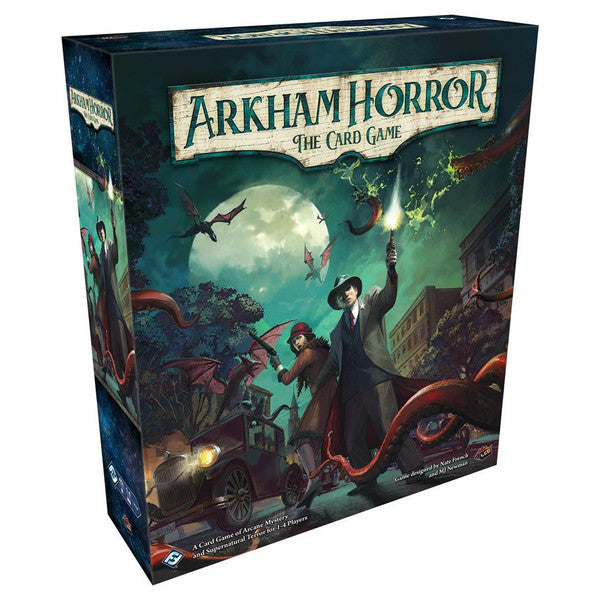 Arkham Horror: LCG: Revised Core Set - Dark-themed board game box with eerie green and blue tones, featuring a man holding a lantern amidst tentacles and a full.