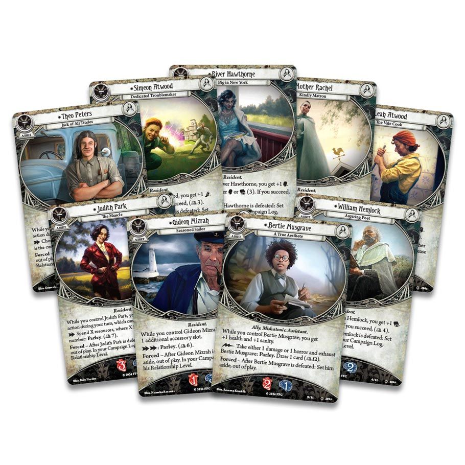 Arkham Horror LCG: The Feast of Hemlock Vale Campaign Expansion - Set of nine Arkham Horror LCG expansion cards featuring illustrated characters and locations with text and icons on a.