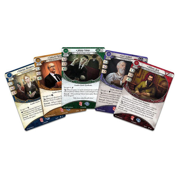 Arkham Horror: LCG: The Midwinter Gala Scenario Pack - Five rectangular game cards fanned out, each featuring unique character art, colorful borders, and detailed text for.