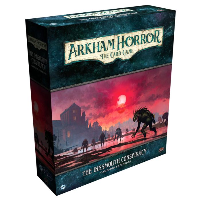 Arkham Horror LCG: The Innsmouth Conspiracy Campaign Expansion - Dark blue and red board game box titled Arkham Horror LCG with eerie coastal town scene and shadowy monster silhouettes.