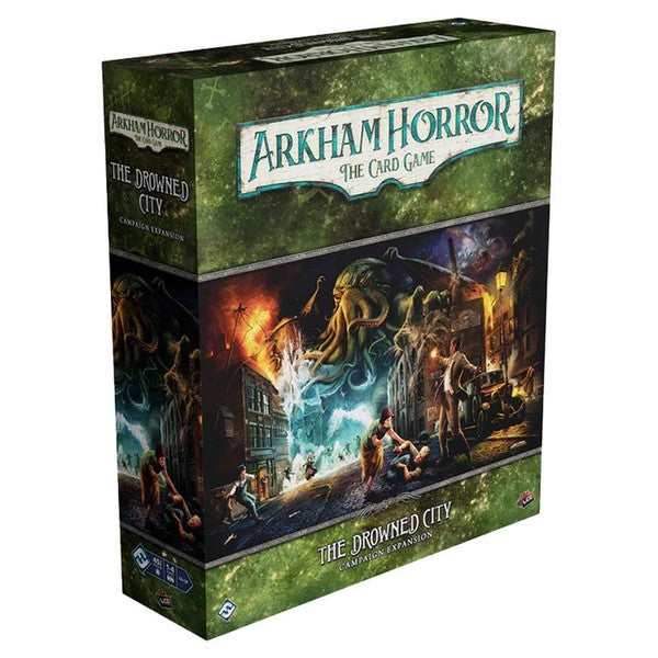 Arkham Horror LCG: The Drowned City Campaign Expansion - Arkham Horror LCG expansion box with dark green edges and artwork of a monstrous sea creature attacking figures on a moonlit