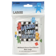 Board Game Sleeves: Large (100) - Clear plastic board game sleeves package with black-bordered label and colorful meeple icons.