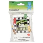 Board Game Sleeves: Medium (100) - Clear plastic board game card sleeves in resealable packaging with colorful character illustrations and "Board Game Sleeves"