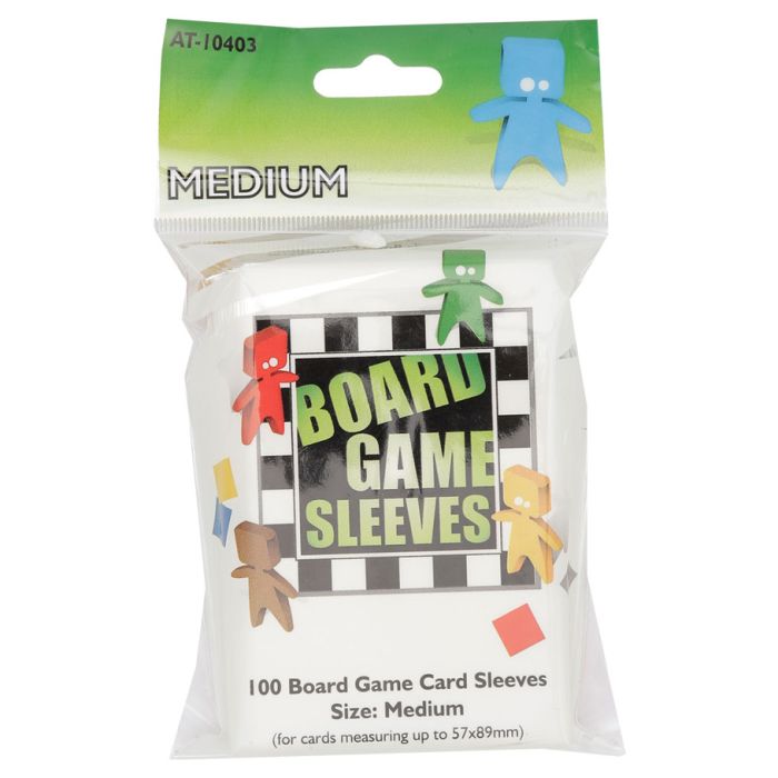 Board Game Sleeves: Medium (100) - Clear plastic board game card sleeves in resealable packaging with colorful character illustrations and "Board Game Sleeves"