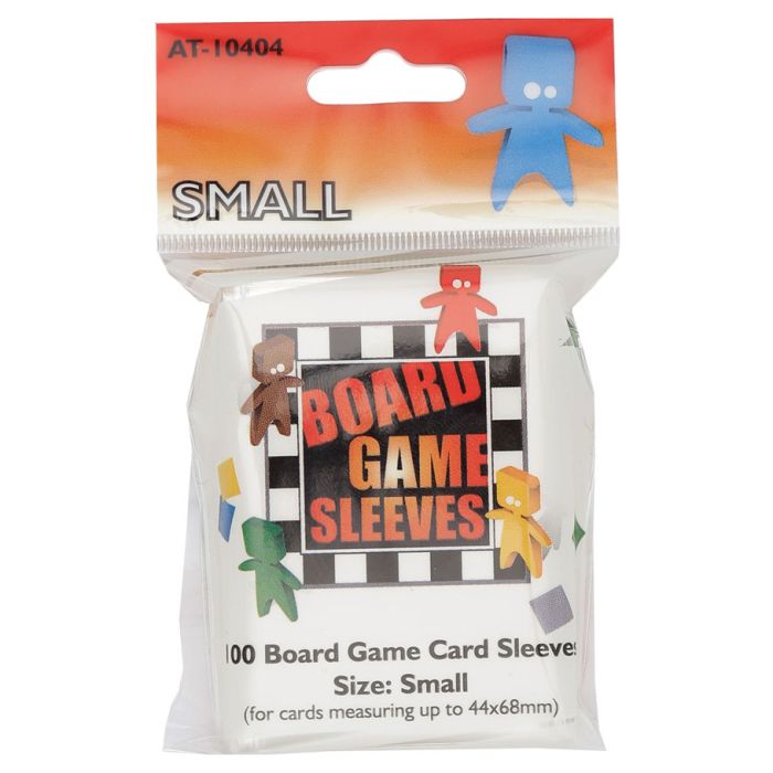 Board Game Sleeves: Small (100) - Clear plastic board game card sleeves in a sealed pack with colorful character icons on the label.