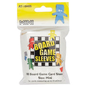 Board Game Sleeves: Mini (100) - Clear plastic mini board game card sleeves in a sealed white and yellow package with bold black and yellow text.