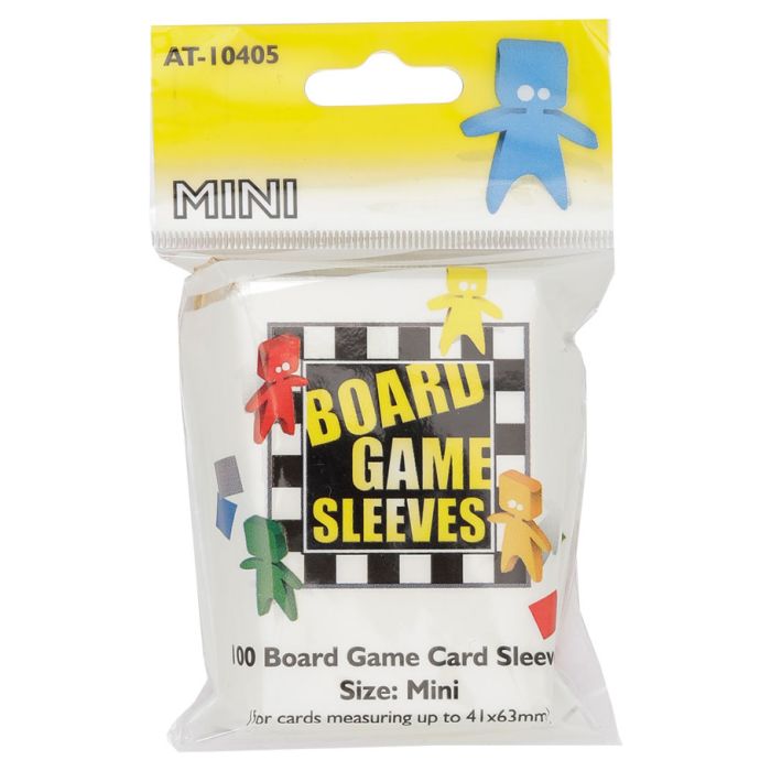 Board Game Sleeves: Mini (100) - Clear plastic mini board game card sleeves in a sealed white and yellow package with bold black and yellow text.